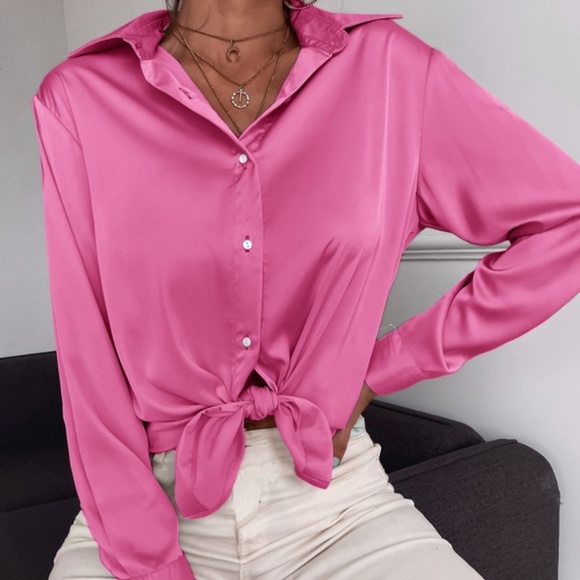 Satin mint Green silky button up Boyfriend Work - Picture 7 of 16